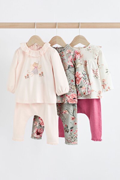 Next Baby White Green Fairy Patterned Cotton 3-Piece Long Sleeve Set