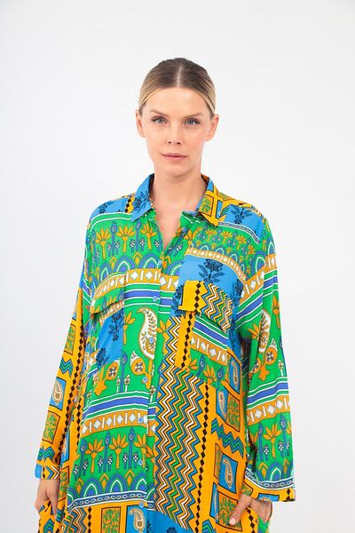 soBasic Rochie cămașă din viscoză albastră - imprimeu, nasturi în față, buzunar și detaliu cu fantă, 100% bumbac - STD