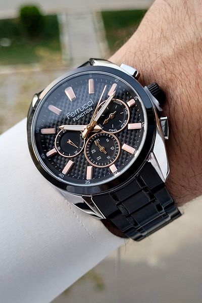 Ferrucci Men's Wrist Watch - Silver Cord, Black Color, Inner Gauges Active, Gift Package
