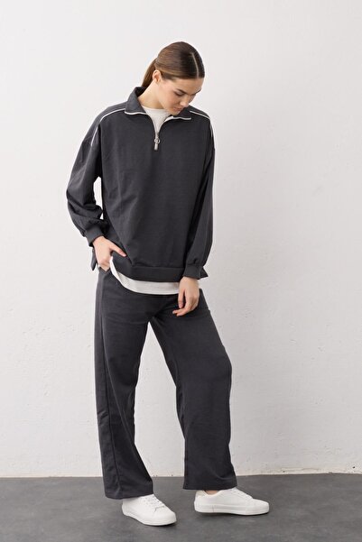 Basicpark Anthracite Skirt Single Jersey Detailed Zippered Knitted Cotton Bottom and Top Set