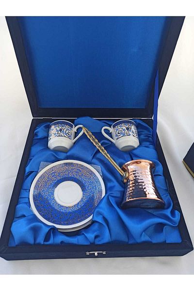 Nihal Süeda Gilded Double Porcelain Cup Set with Velvet Box and Copper Coffee Pot