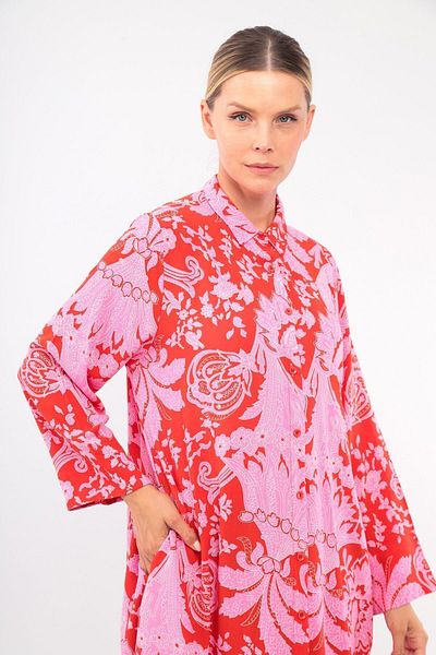 soBasic Rochie cămașă din viscoză roșie - imprimeu, nasturi în față, buzunar și detaliu cu fantă, 100% bumbac - STD