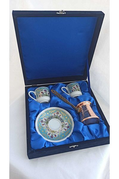 Nihal Süeda Velvet Boxed Copper Coffee Pot Palace Model Double Porcelain Cup Set
