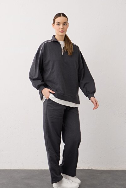 Basicpark Anthracite Skirt Single Jersey Detailed Zippered Knitted Cotton Bottom and Top Set