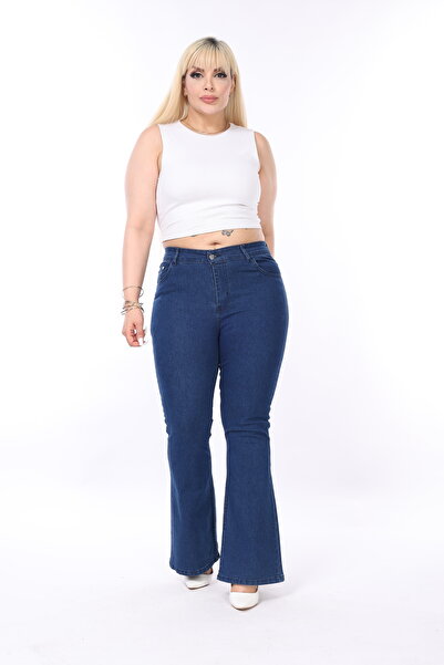 MJORA Mavi Yüksek Bel Esnek İspanyol Paça Denim Pantolon