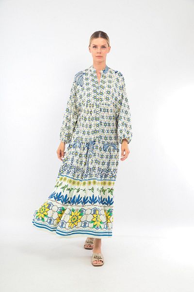 soBasic Rochie lejeră din viscoză din bumbac, cu mânecă lungă, cu guler albastru