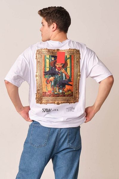 Saw Urbanity White Vincent Van Gogh Embroidered Printed Oversize T-Shirt