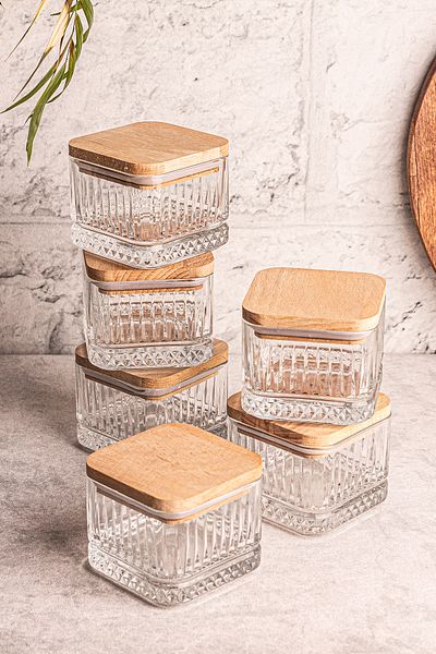 Snippy Bella Soft 6-Piece Square Vacuumed Glass Breakfast Snack Bowl - Wooden Cap, 230 ml