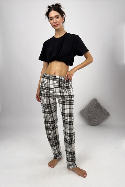 Betimoda Pantaloni de pijama de damă alb negru pătrat cu panglică
