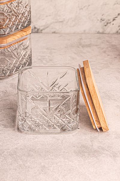 Snippy Milla Soft 3-Piece Wooden Vacuumed Square Glass Snack Bowl - Breakfast, Multi-Purpose, 230 ml