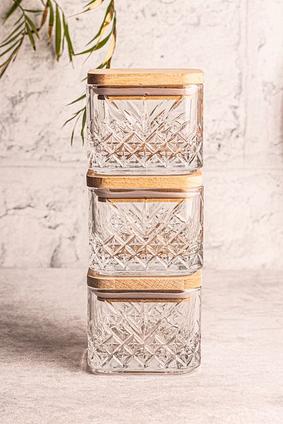 Snippy Milla Soft 3-Piece Wooden Vacuumed Square Glass Snack Bowl - Breakfast, Multi-Purpose, 230 ml