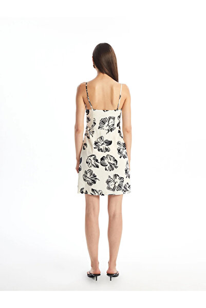 LC Waikiki LCW Vision Kare Yaka Çiçekli Askılı Keten Karışımlı Kadın Elbise