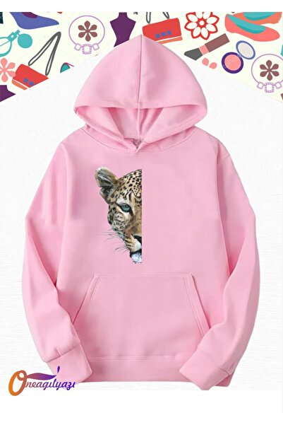 oneagılyazı سويت شيرت بغطاء للرأس كبير الحجم - تصميم نصف ليوبارد، مطبوع