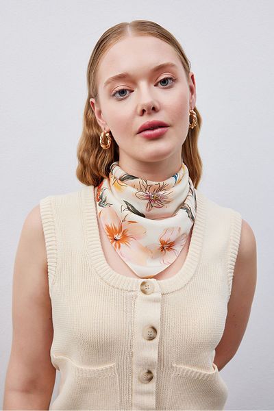 THE MOON Cream Colored Magnolia Flower Patterned Vegan Silk Bandana