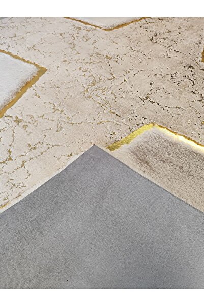 KRAL HOME Gold Çizgili Koyu Krem Renk Peluş Halı