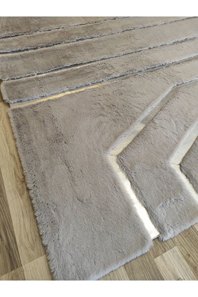 KRAL HOME Gümüş Varaklı Açık Gri Çizgili Peluş Halı