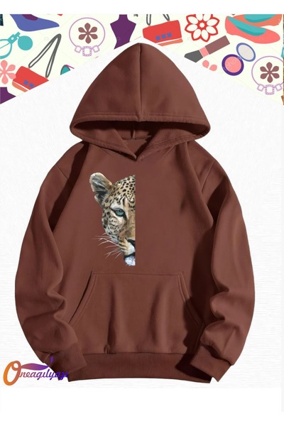 oneagılyazı سويت شيرت بغطاء للرأس كبير الحجم - تصميم نصف ليوبارد، مطبوع