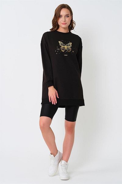 CrazyShopping Knitted Long Sweat Tunic - Crew Neck and Printed Design