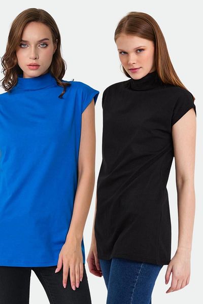 CrazyShopping Set de tunică cu guler vertical din bumbac tricotat alb-negru din 2 piese