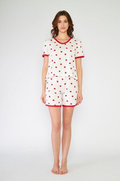 CrazyShopping Red Cotton Knitted - Women's Pajama Set with Heart Shorts
