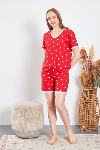 CrazyShopping Red Cotton Knitted - Women's Pajama Set with Heart Shorts