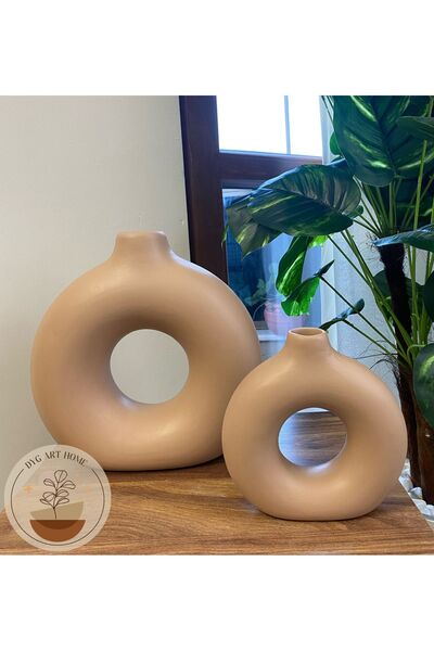 DygArtHome Seramik Halka Vazo Büyük Set (sütlü Kahve ) 27cm - 17 Cm