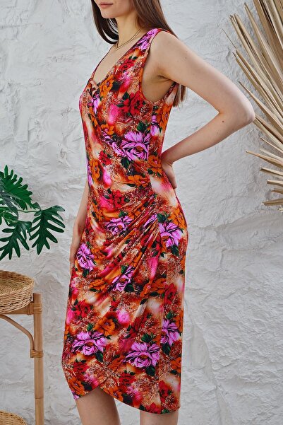 CrazyShopping Rochie midi de damă cu guler încrucișat cu detaliu ochi de pasăre