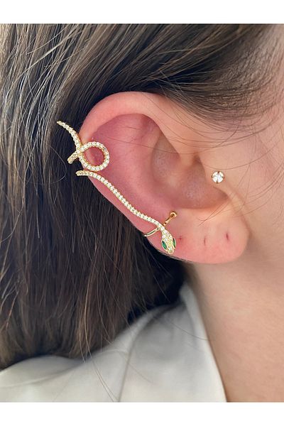 Pinery Jewels Emerald Stone Snake Brass Overlay Plated Women's Earcuff Cartilage Earrings
