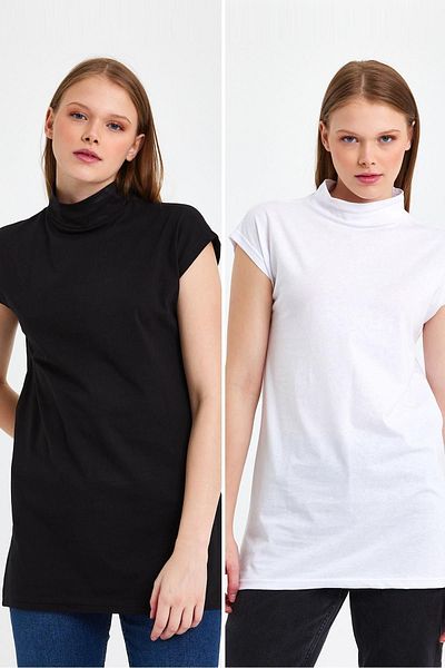 CrazyShopping Black and White 2-Piece Knitted Cotton Stand Collar Tunic Set