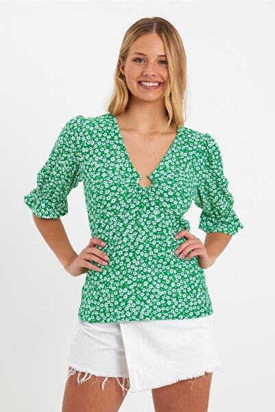 CrazyShopping Блуза з V-подібним коміром - з квітковим візерунком і застібкою