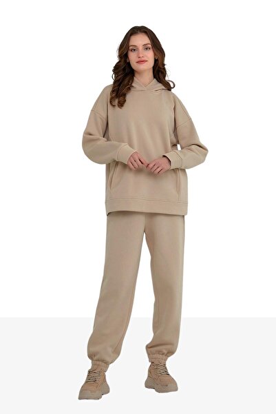 CrazyShopping Γυναικείο Σετ Φούτερ Fleece Oversize - Ελαστική μέση και πόδι, Τρεις κλωστές