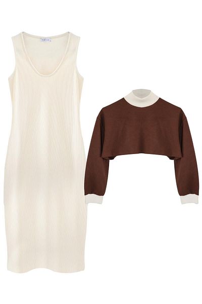 CrazyShopping Turtleneck Cropped Women's Dress Double Set