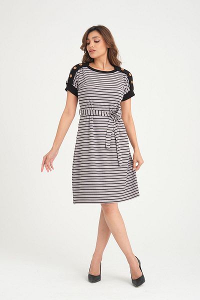 CrazyShopping Striped Women's Dress - Belted and Shoulder Button Detail