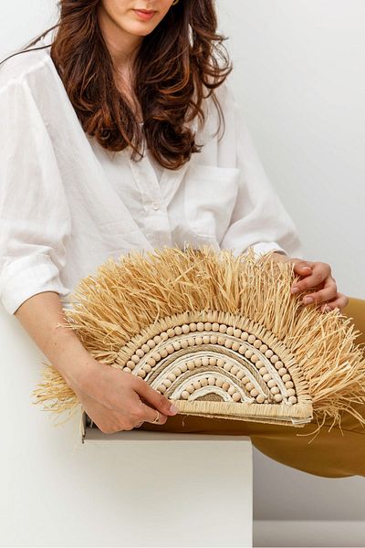 Maison Avf Fan Model Raffia and Bead Detailed Portfolio Bag