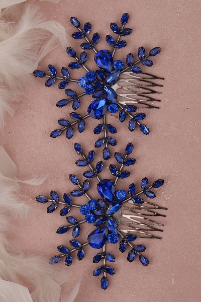 Hayalperest boncuk Stylish Flower Patterned Hair Accessory for Bride and Prom - Saxe Blue