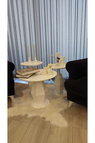 Gold Design Üçlü Mantar Prizma 2 Adet Zigon 1 Adet Orta Sehpa Seti Mdf Beyaz ...