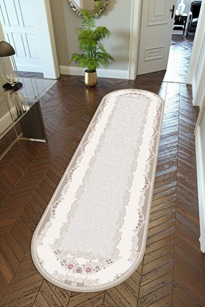 10 Post Online Ecru Cream Digital Printed - Non-Slip Round Oval Runner, Thin Washable Carpet