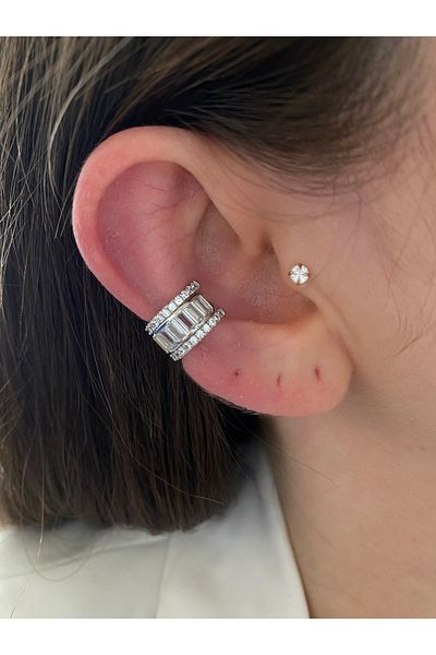 Pinery Jewels Baguette Stone Brass Overlay Plated Women's Earcuff Cartilage Earrings