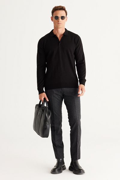 AC&Co / Altınyıldız Classics Men's Black Anti Pilling Knitwear Sweater - Polo Collar, Non-Pilling Fabric