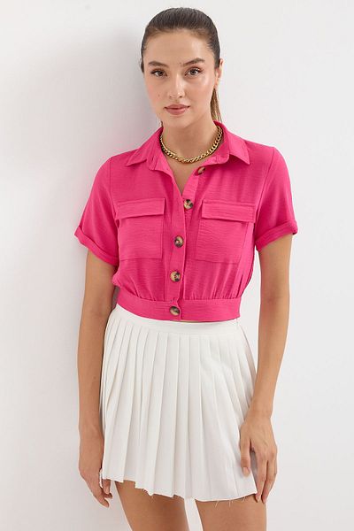 hazelin Fuchsia Women's Crop Shirt Jacket - Pocket and Button, Short Sleeve, Summer HZL22S-BD106631