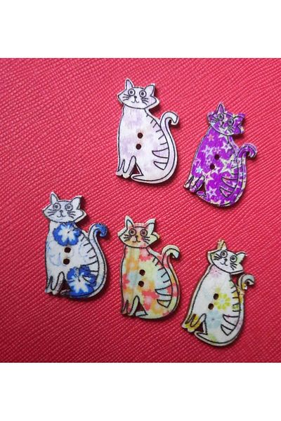 İMREN AKSESUAR 3 Cm Cat Wooden Button - Two Holes, Mixed Colors, 1 Pack of 5 Pieces