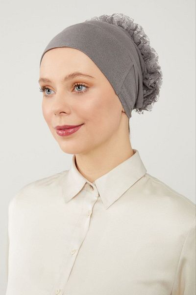 Melodi Scarf Dark Gray Women's Hijab - Magic Adhesive, Non-Slip Frilly Padded Knob Bonnet
