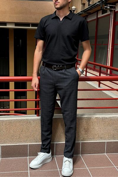 inpool Men's, Pleat Detailed, Black, Plaid Pattern, Slim-fit, Polyviscose Trousers