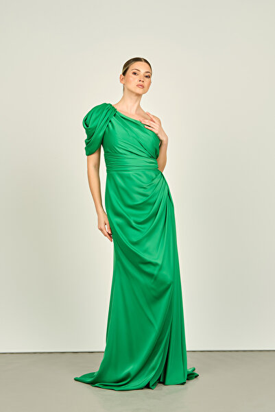 Saygın One-Shoulder Draped Satin Evening Dress - Deep Slit Benetton 3465