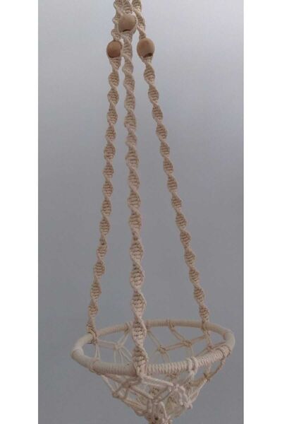 MİN & MİND Duvar Ve Balkon Süsleme 3 Büküm Ekru Makrome Tekli Saksılık (MAKROME ÇİÇEKLİK)