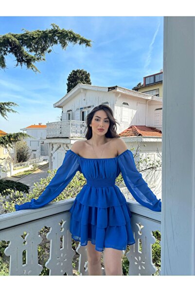 Sindimoda Kat Kat Volanlı Şifon Elbise 2831 SAKS MAVİSİ