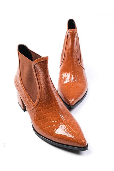 Mio Gusto Maggie Tan Color Crocodile Patterned Elastic Women's Heeled Boots