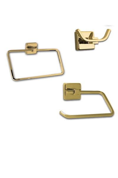 İSAOĞLU YAPI Toilet Roll Holder Towel Holder Gold Double Hanger Complete Set Square Modern Design Gold Bathroom Accessory