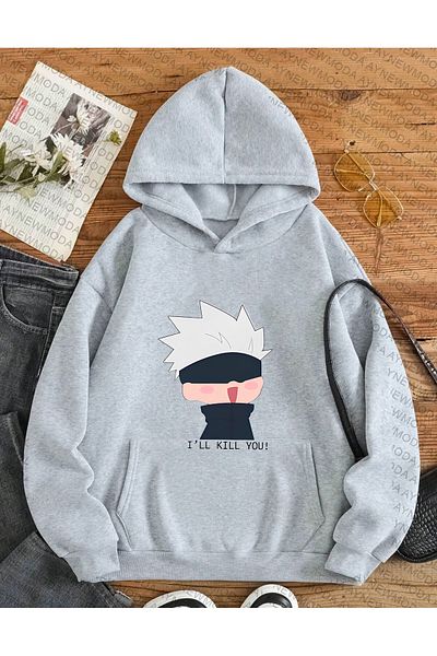 aynewmoda Hanorac supradimensionat cu glugă Gojo Satoru Jujutsu Kaisen unisex - Anime imprimat cu gât crew