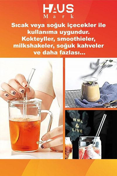 HAUSMARK 4 Flat Glass Straws 13cm, 1 Cleaning Brush, First Quality thermosilicate borosilicate coffee cup
